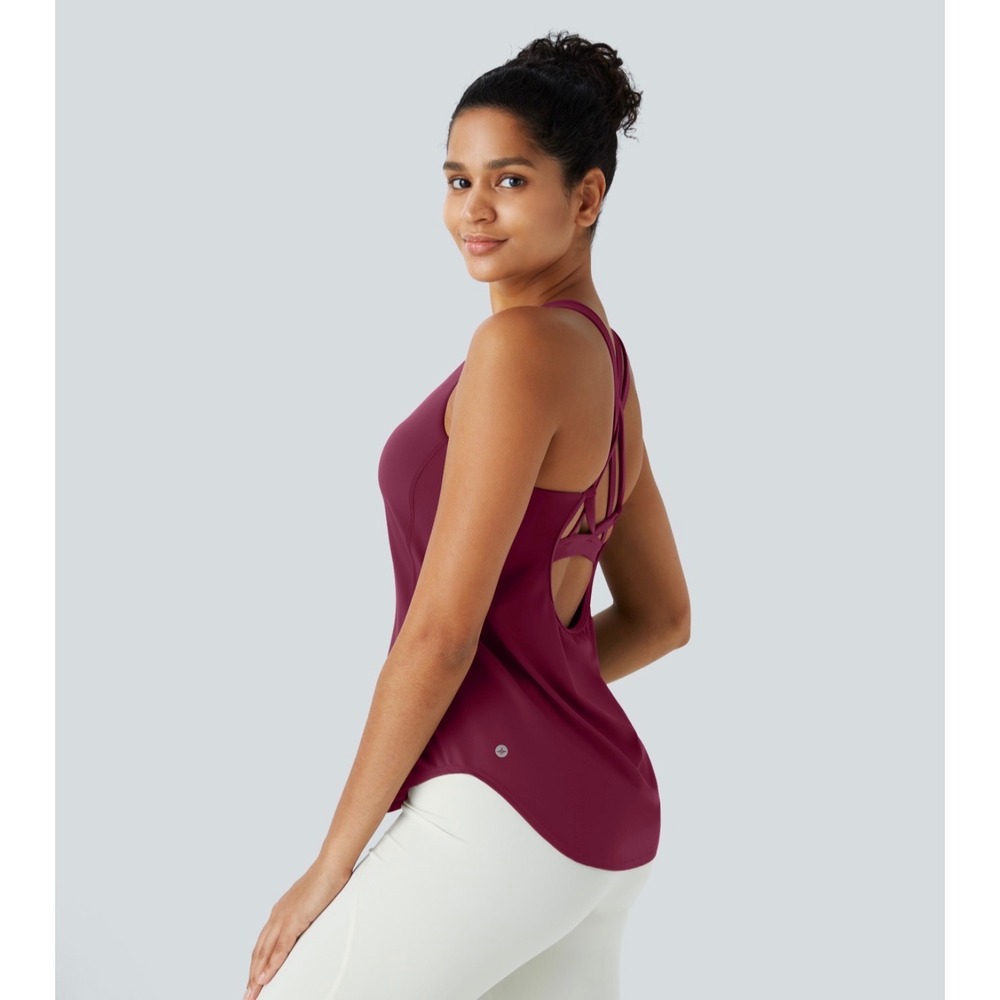 Halara UltraSculpt Round Neck Curved Hem Workout Tank Top Strappy Back Small Red